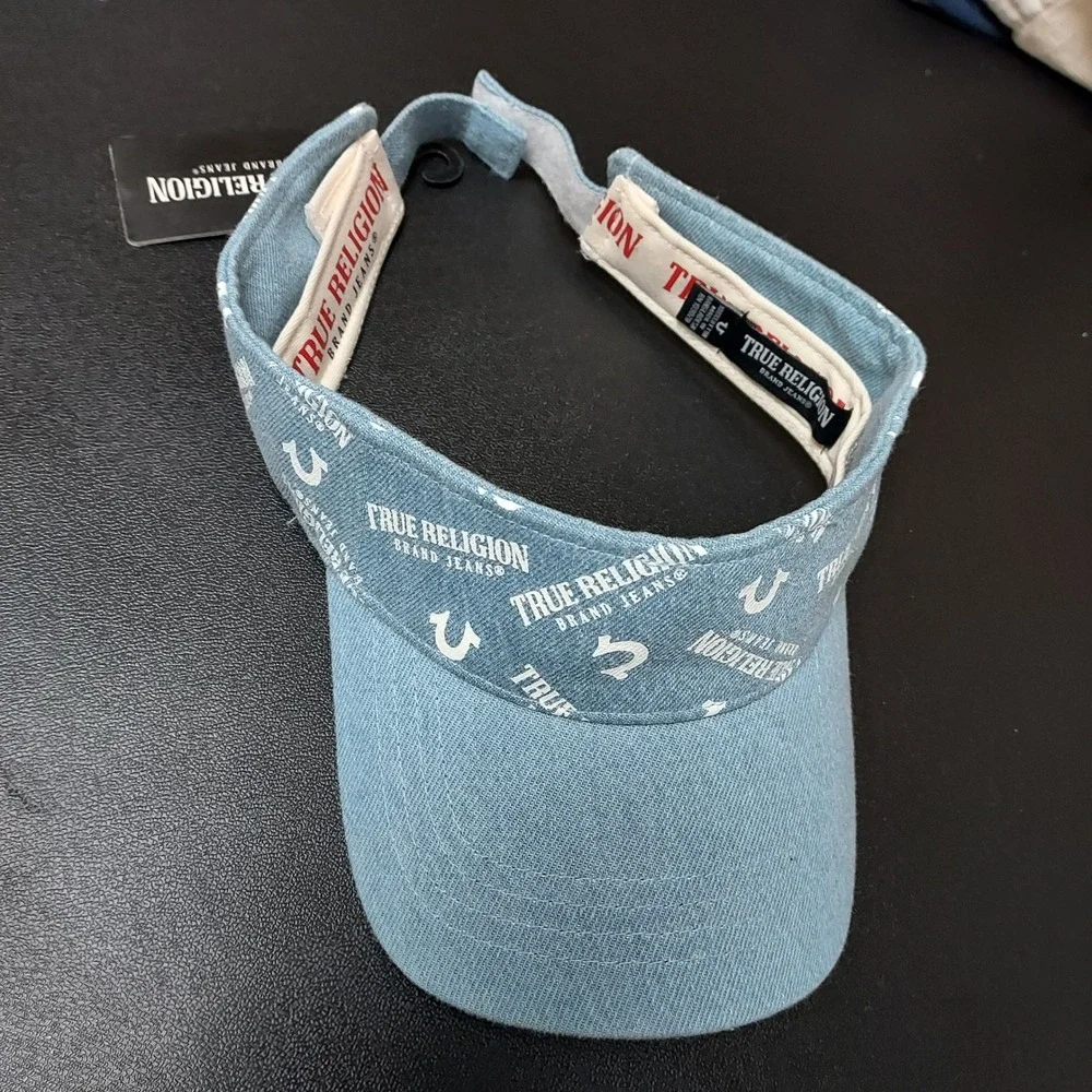 NEW True Religion Visor Mens OS Strap Back Logo Adjustable Hat Light Wash Blue